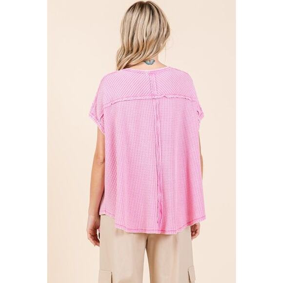 Mittoshop Mineral Wash Waffle Knit V-Neck Pointed Hem Oversized Top | Pink - Picture 3 of 6